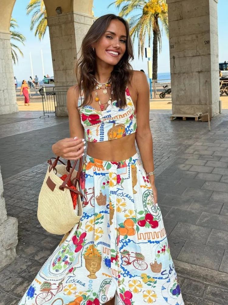 Colorful Printed Suspenders Skirt Set Holiday Bikini Halter Vest Top Women Patchwork Quilted High Waist Beach Half Skirt Summer 250324