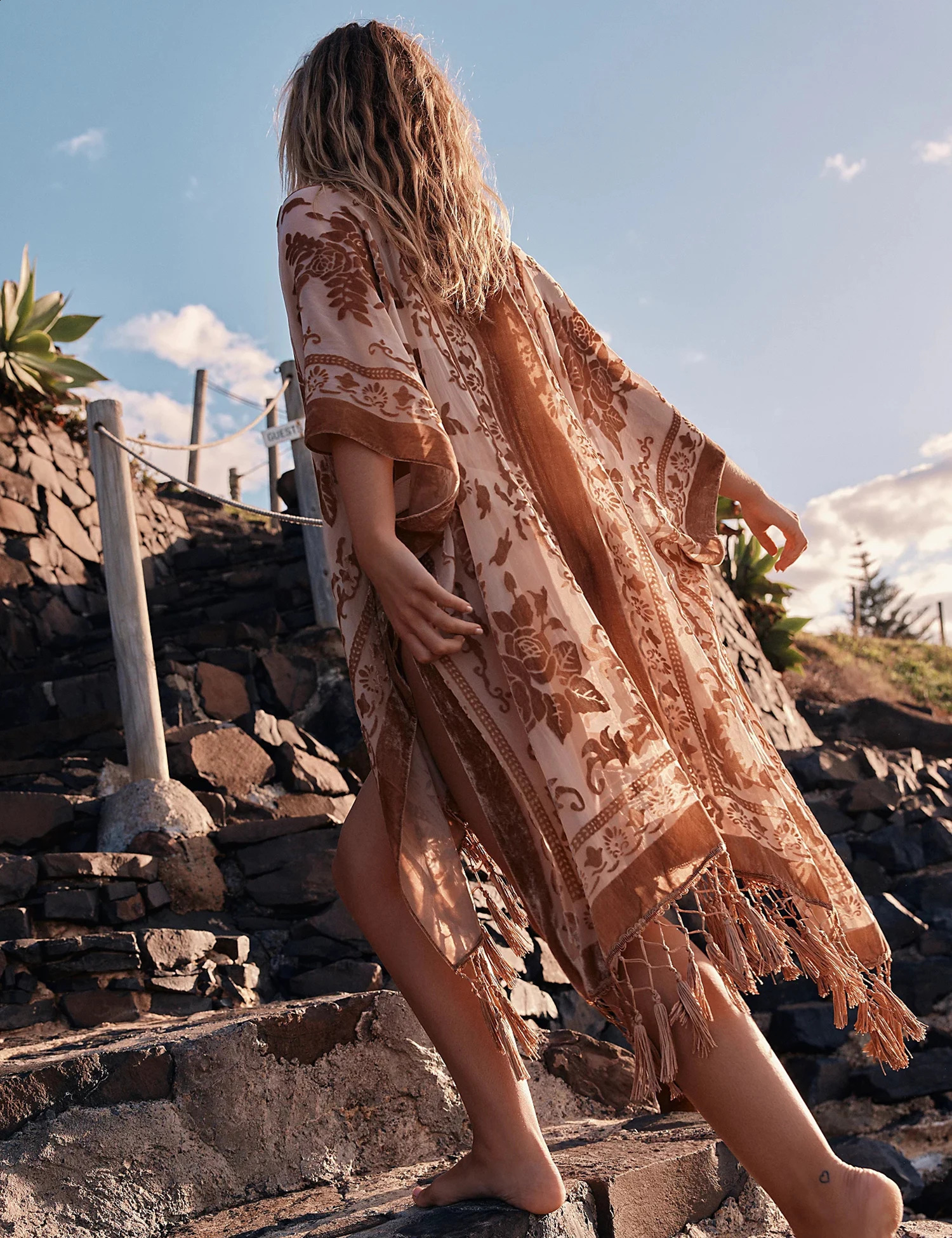 WeHello Fashion Bohemian Womens Burning Plush Kimono Long Open Woolen Sweater with Tassel Beach Cover Holiday 250324