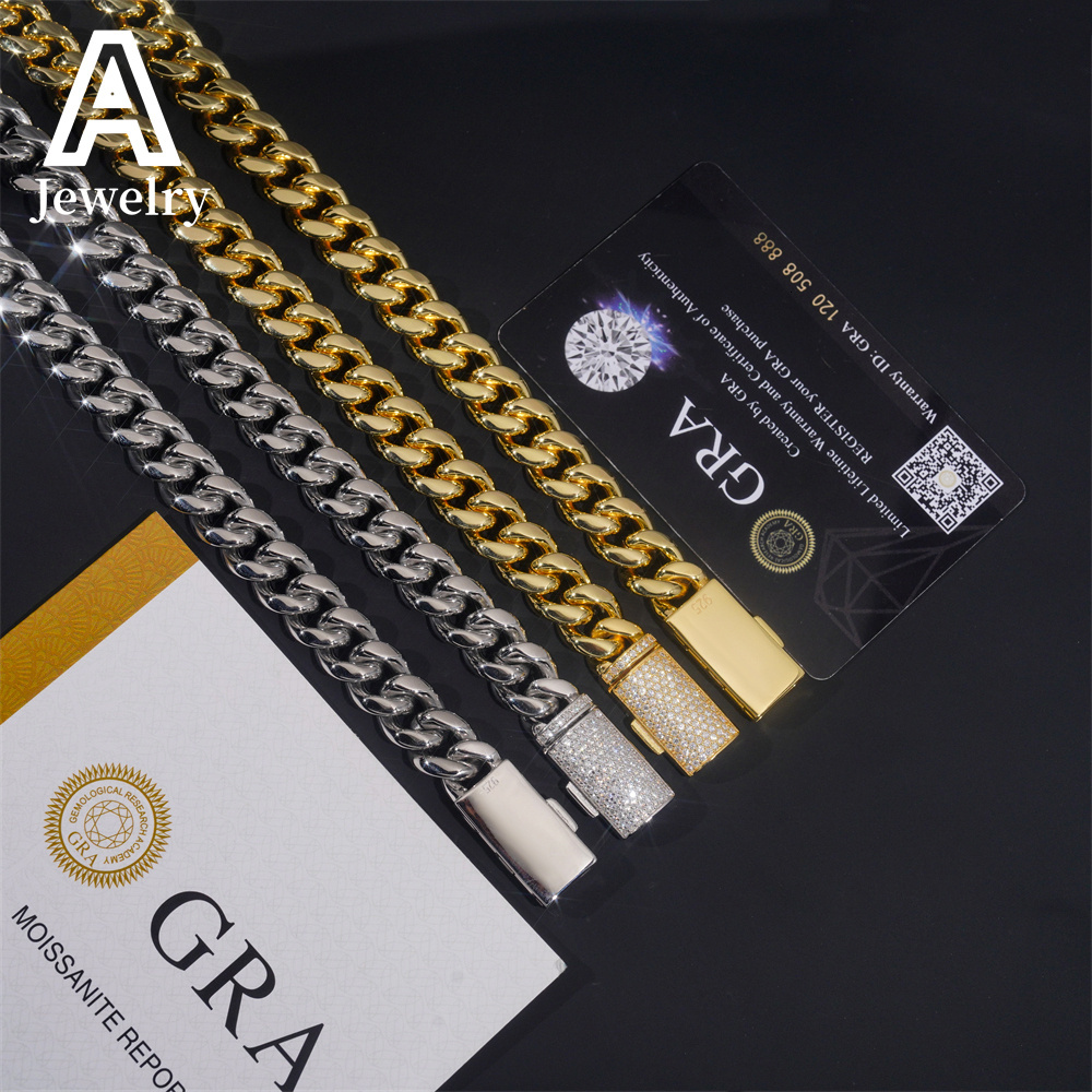 Hip Hop 12mm Wide 316L Stainless Steel Cuban Chains 925 Silver VVS Moissanite Lock Fashion Men Necklace Bracelet