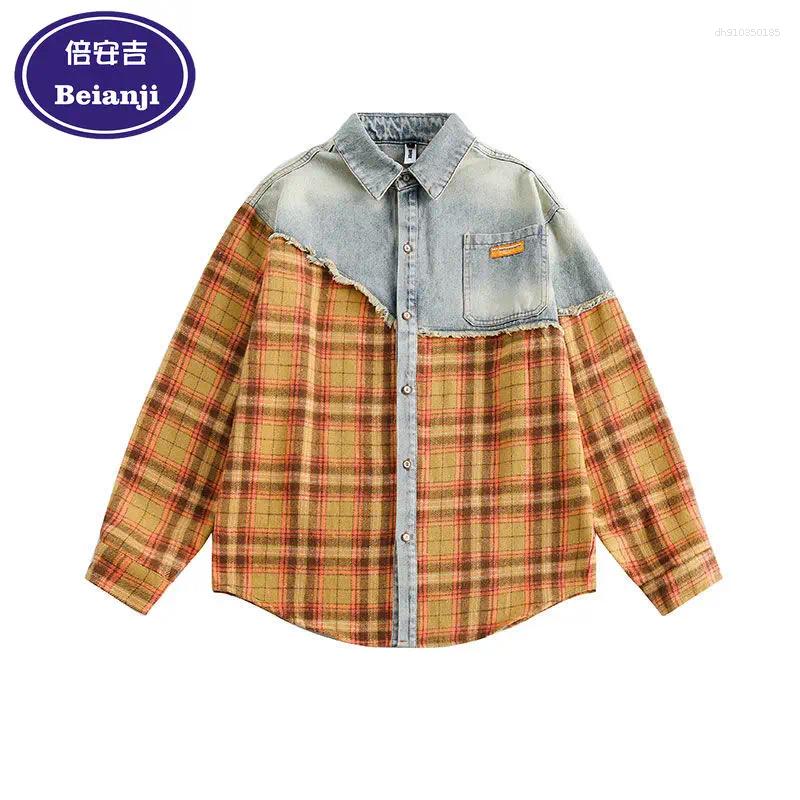 Men's Jackets Beianji Trendy Brand Clothing Design Sense Splicing Hip-hop Plaid Denim Jacket Unisex American High Street Couple's