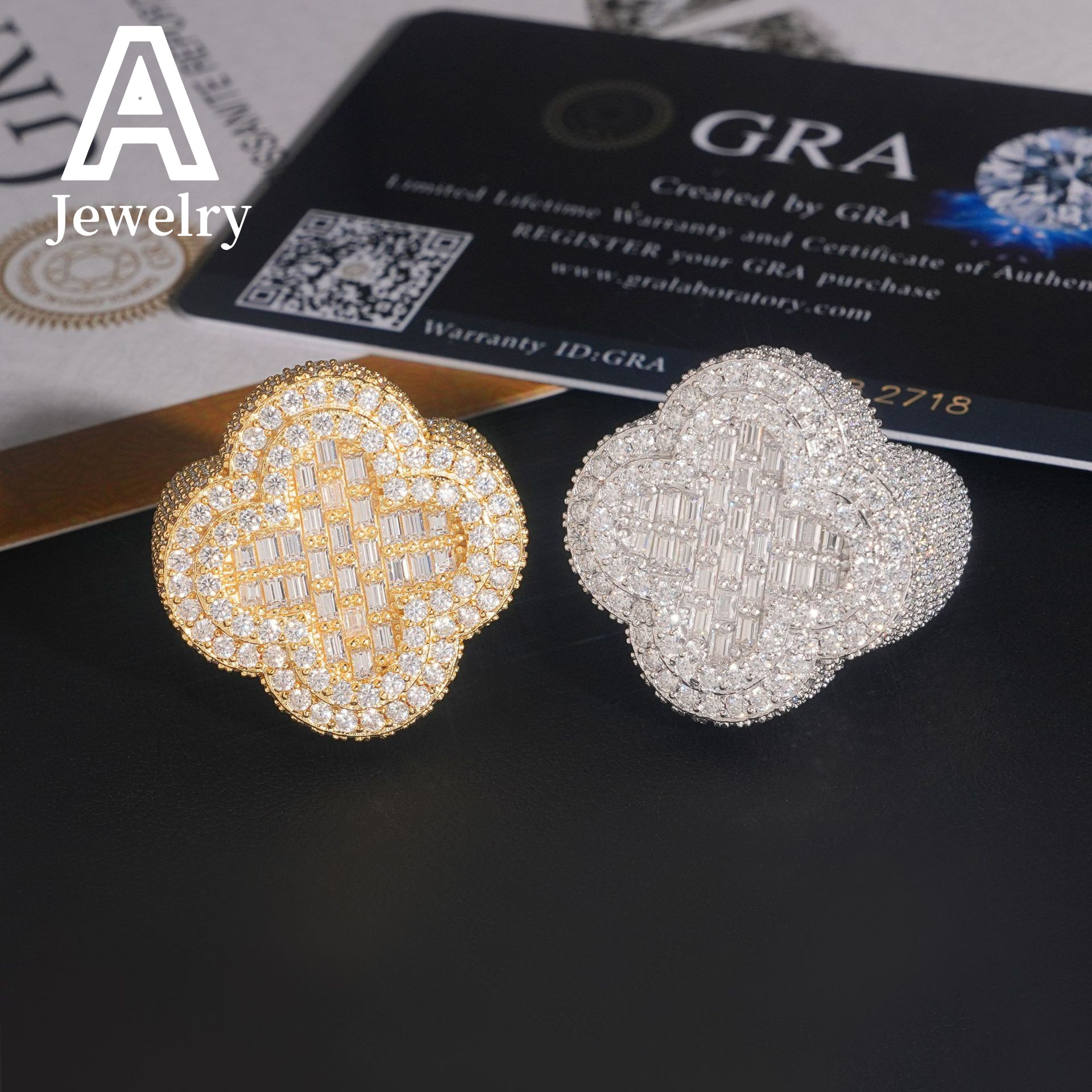 Iced out 18k gold plated baguette cut S925 ring fashion hip hop jewelry four leaf clover ring