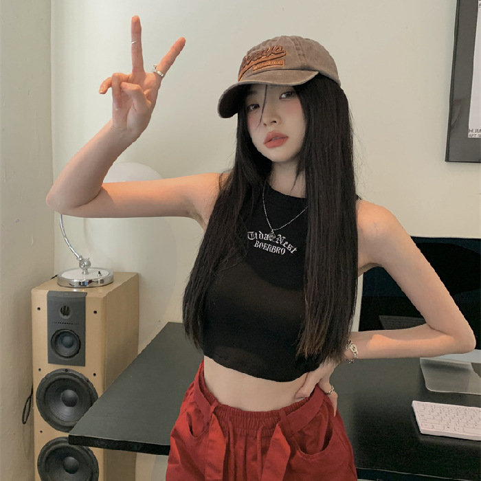 Summer New Women's Wear Pullover Spicy Girl Letter Embroidered Racerback Vest Outwear Slim Fit Sleeveless Short Top Female