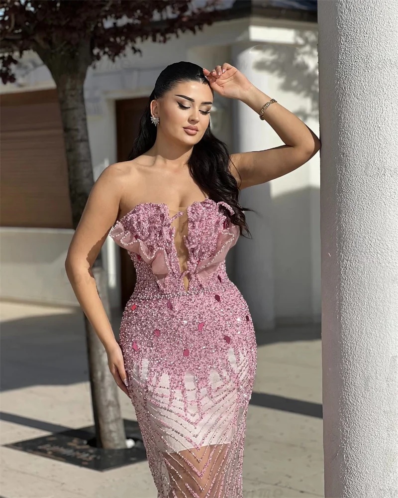 Evening Dresses Strapless Sleeveless Gown Sequins See Through Backless Sweep Train Party Customized Dress
