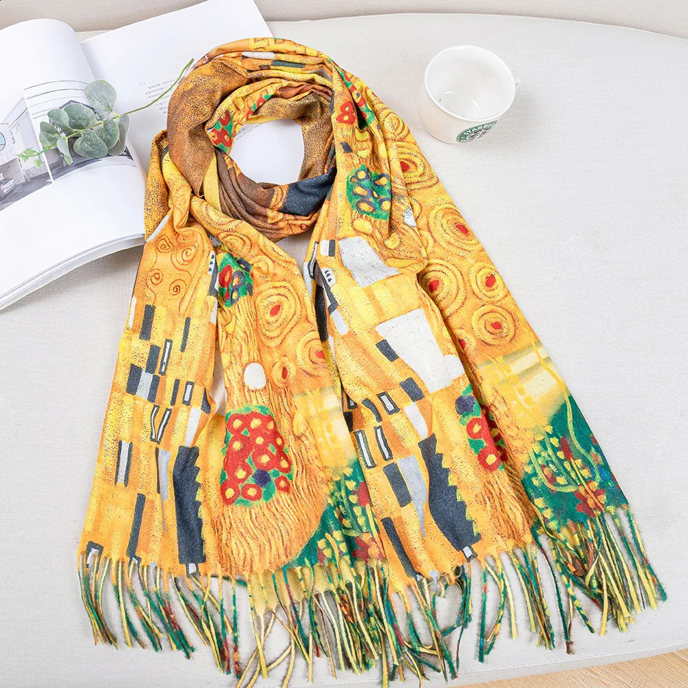 Cashmere Scarf Women Digital Printing Pashmina Shawl Wraps Gustav Klimt Oil Painting Der Kuss Bandana Femme Foulard Tassels 250318