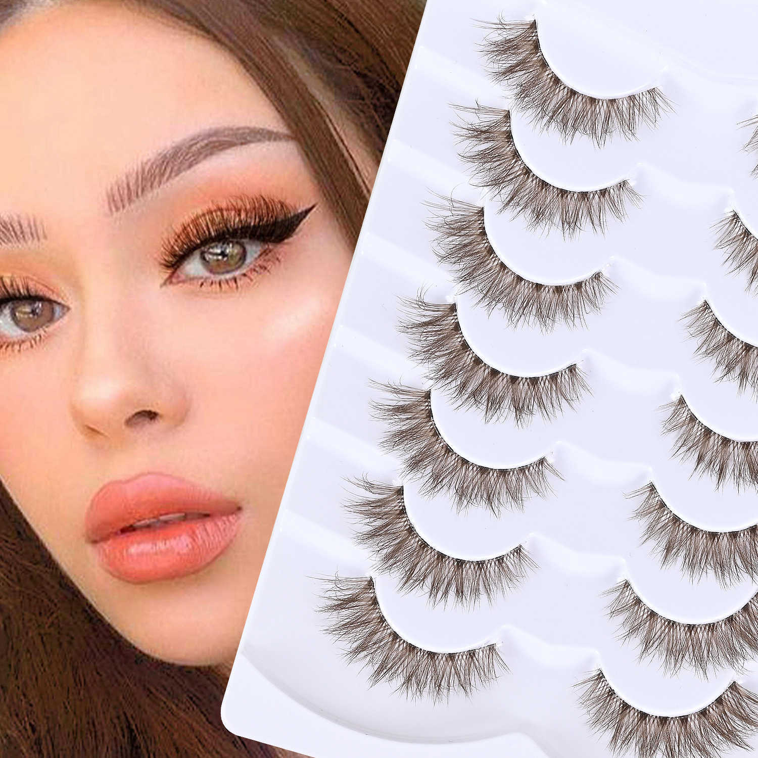Meiyia New Product Multi Pair Chemical Fiber Eyelash 3D Curling Brown Eyelash Transparent Stem Colored Eyelash W250324