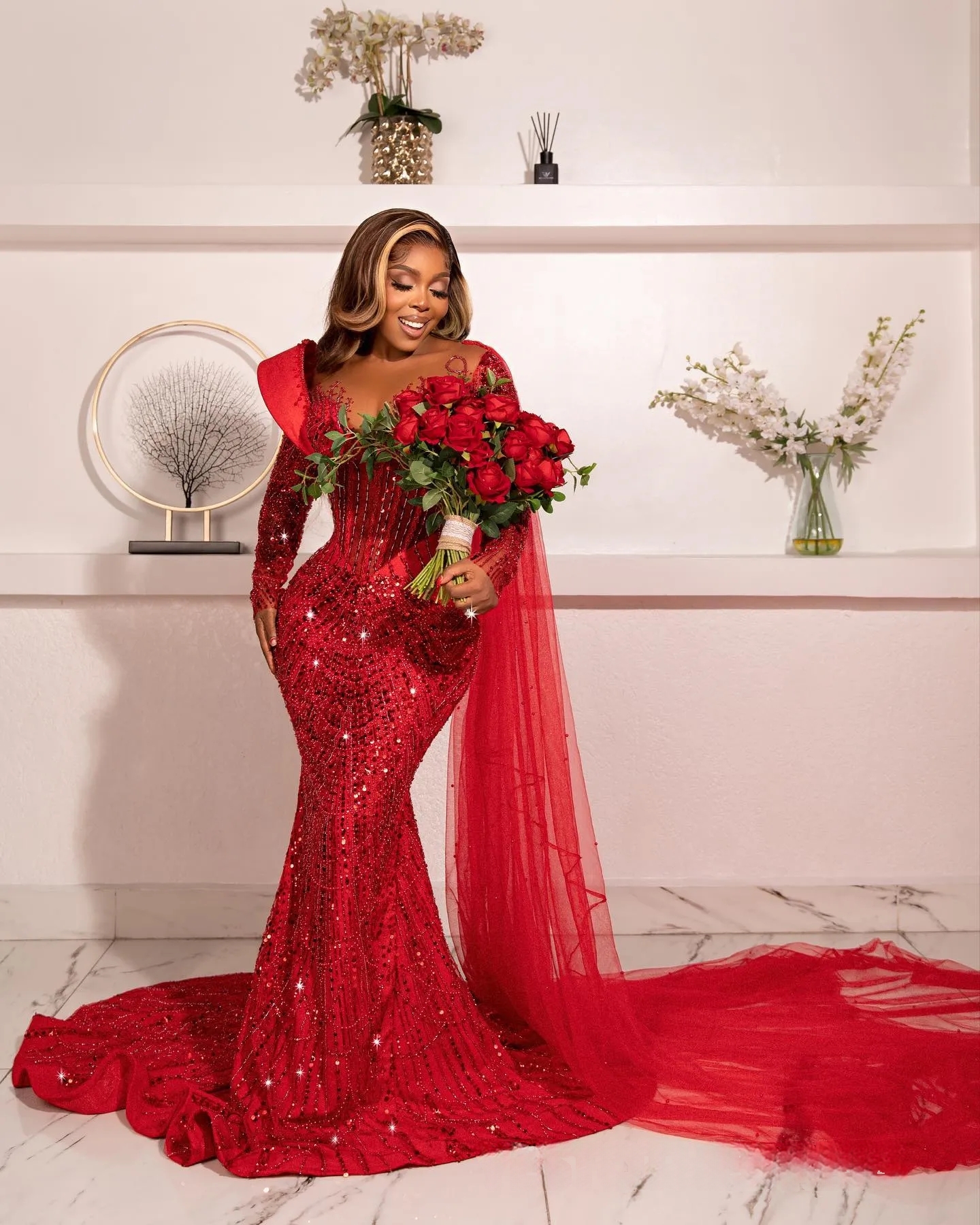 Luxurious Red Sequined Mermaid Evening Dresses Long Sleeves Corset Prom Dress Beaded Arabic Aso Ebi Lace Reception Dress 2025 Black Girls Pageant Gown
