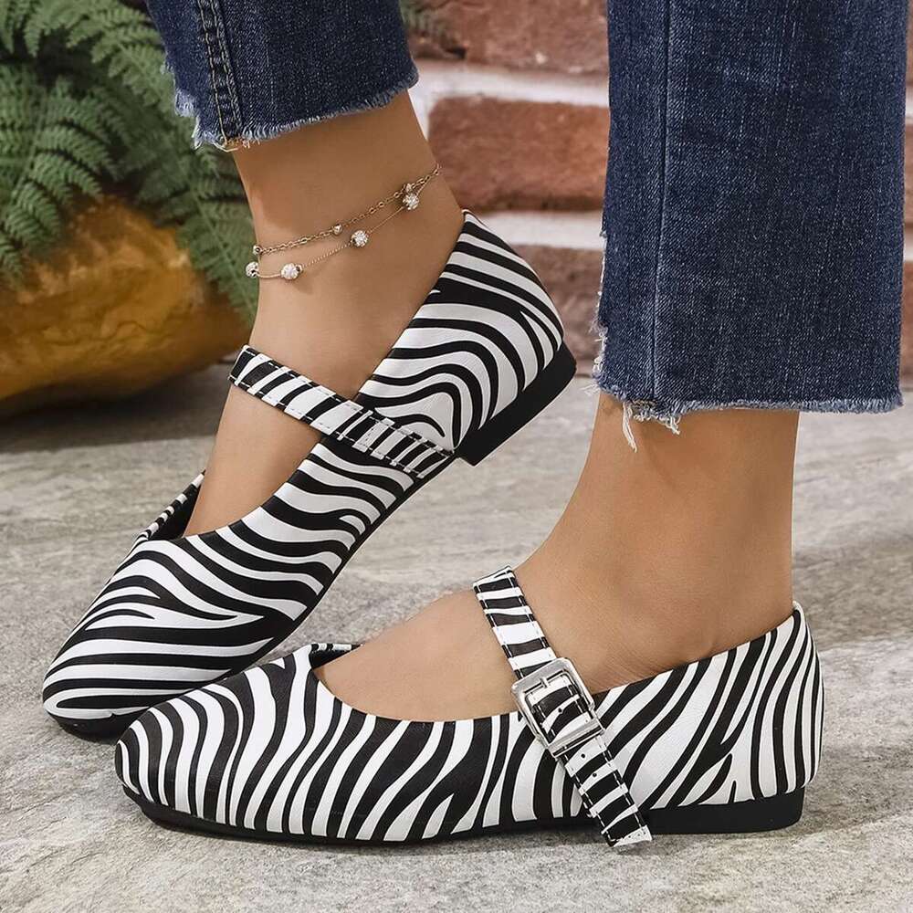 Zebra Print Buckle Straps Ballet Flats Women 2025 Trend Flat Heels Mary Janes Woman Comfort Soft Sole Casual Shoes Loafers
