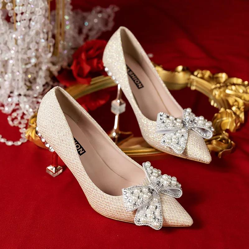 Thin heeled sandals Designer free Shipping shallow high-heeled slippers pearl bow women low cut casual single shoes External penetration