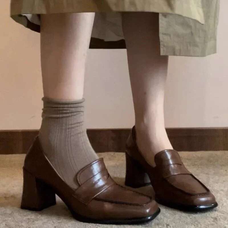 Autumn Women's High New Fashion Shallow Square Toe Chunky Heel Slip on for Women Dress Students Mary Jane Shoes