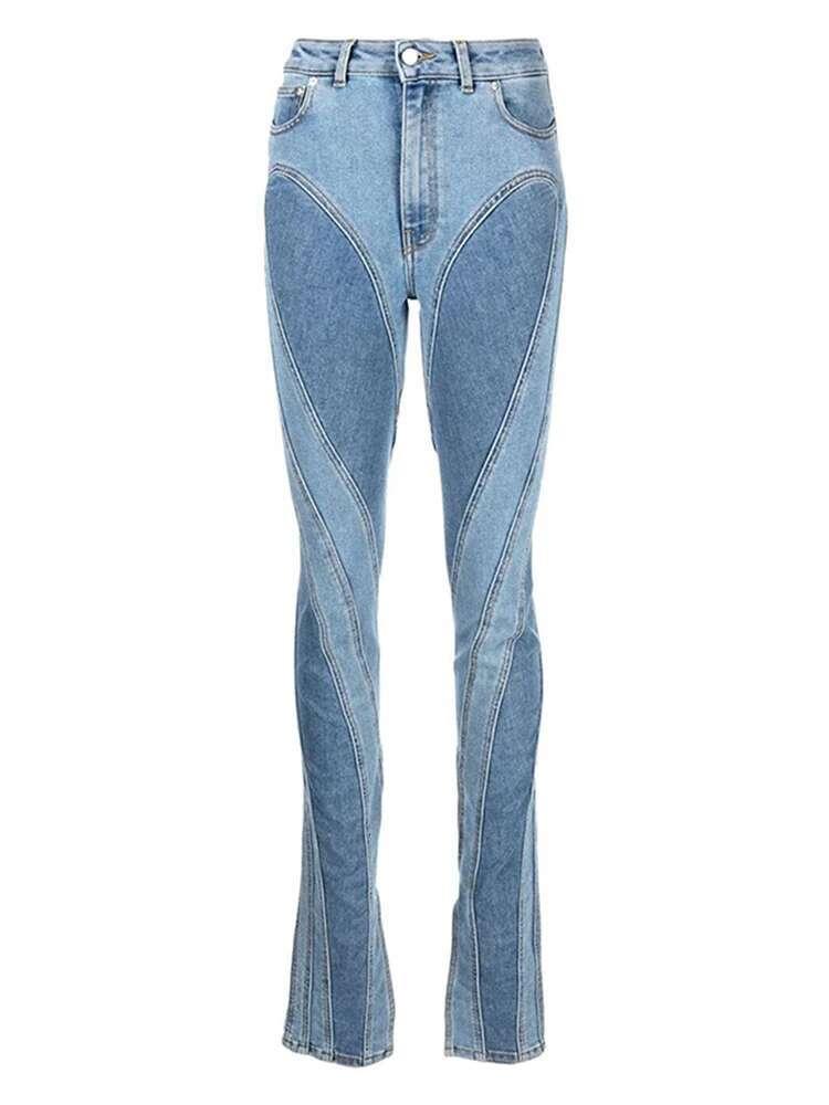 DEAT Fashion Women's Jeans Slim Deconstruct Panelled Patchwork High Waist Split Blue Long Denim Pants Spring 2025 New 1Df2575