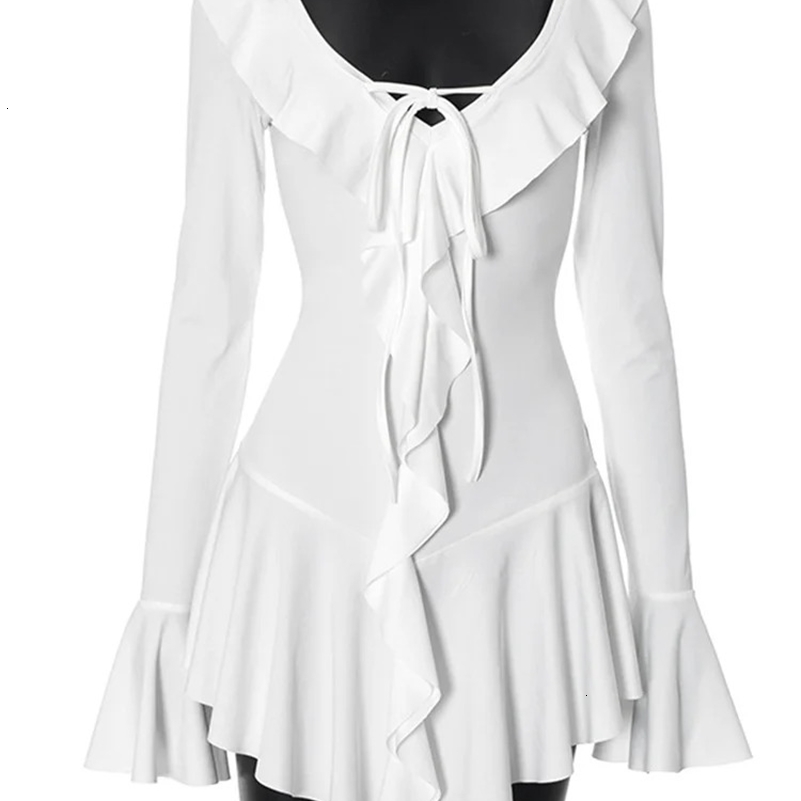 Tossy Ruffled Lace-Up White Mini Dress Womens V-Neck Patchwork Long Sleeve Sexy Slim Dress Bandage Elegant Female Summer Dress 250322