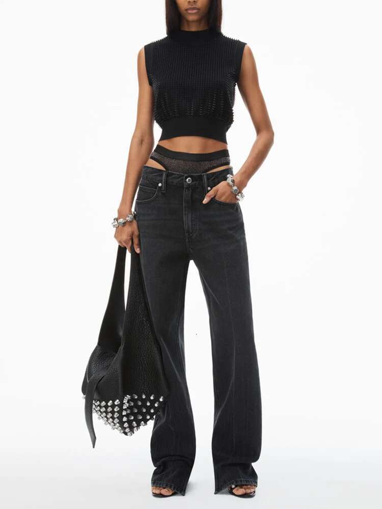 TWOTWINSTYLE Colorblock Street Straight Jeans For Women High Waist Spliced Button Sexy Denim Pants Female Fashion Style New