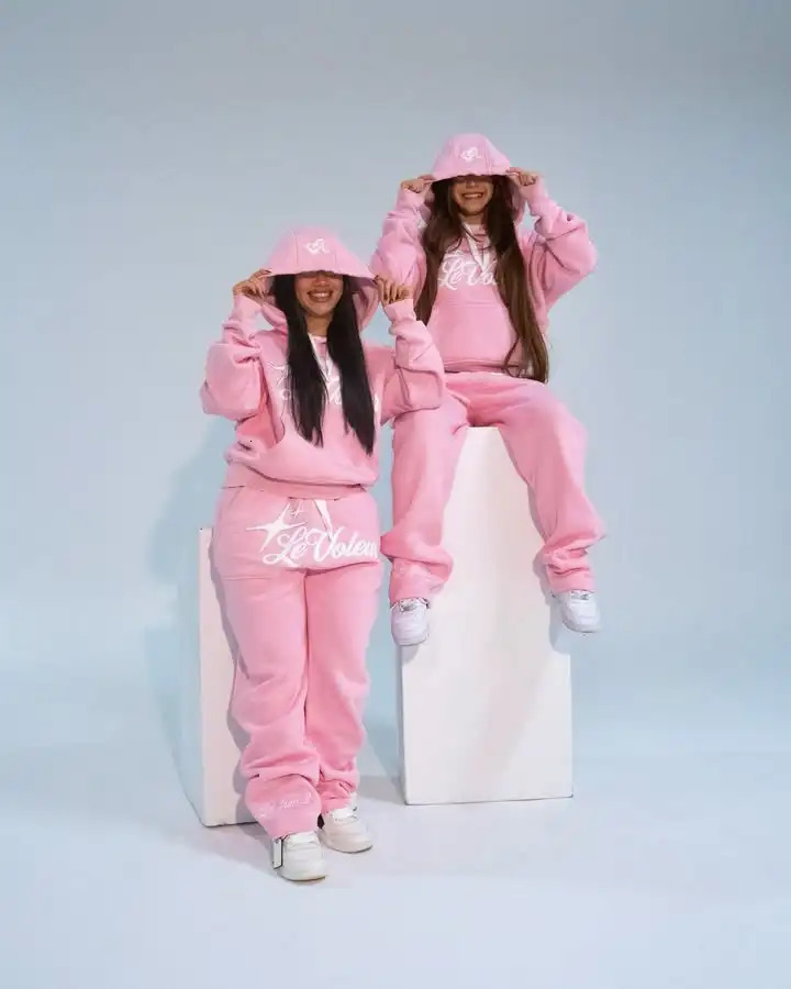 American Womens Hoodie Sweatpants Y2K Two Piece Set Gothic Letter Graphic Oversized Sweatshirt Drawstring Casual Pants Set 250324