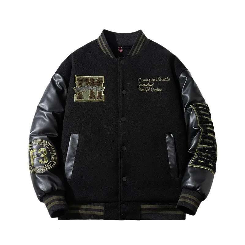 Vintage Letter Embroidered Baseball Jacket Cotton Coat Men's Winter Leather Sleeve Patchwork Woolen Thicken Overcoat