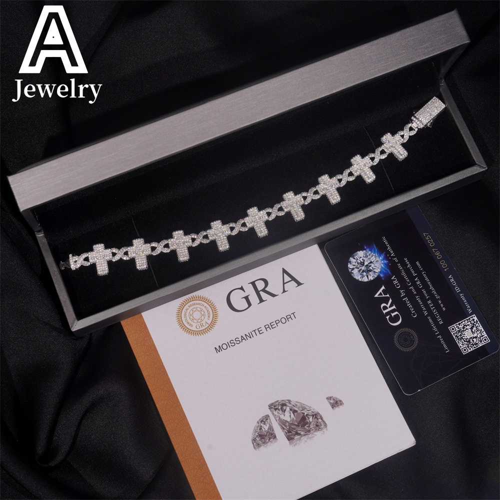 New Fashion Hip Hop Jewelry Moissanite Cuban Link Bracelet 925 Silver 15mm Cross Design Bracelet For Men Women
