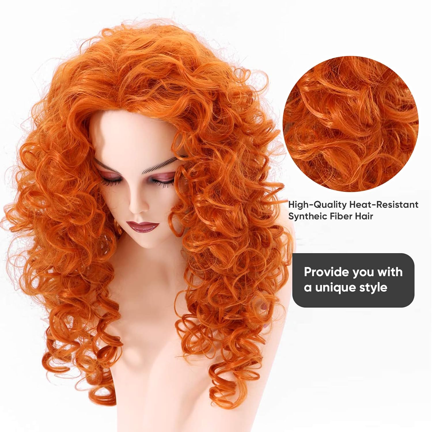 Long Orange Red Hair Curly Wavy Full Head Halloween Wigs for Women Cosplay Costume Party Hairpiece