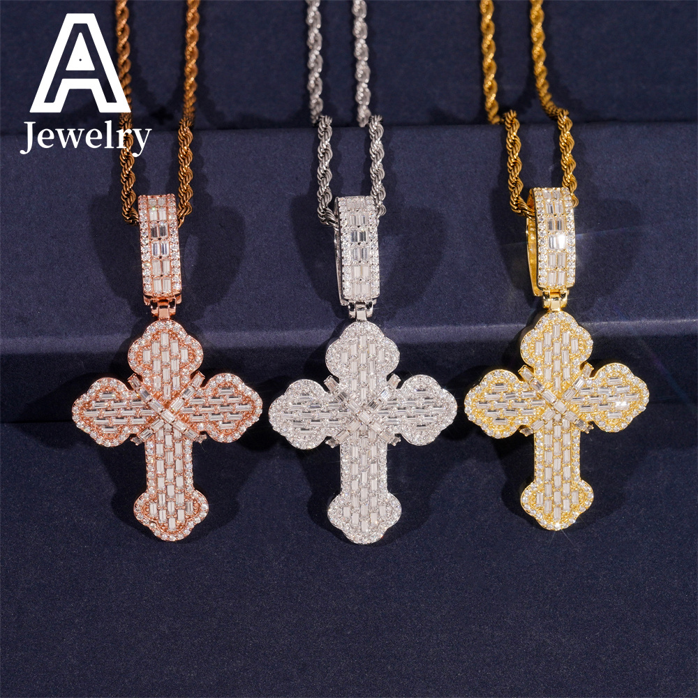 New Arrivals Hip Hop Jewelry Cross Pendant 925 Silver Baguette VVS Moissanite Cross Charm Pendants