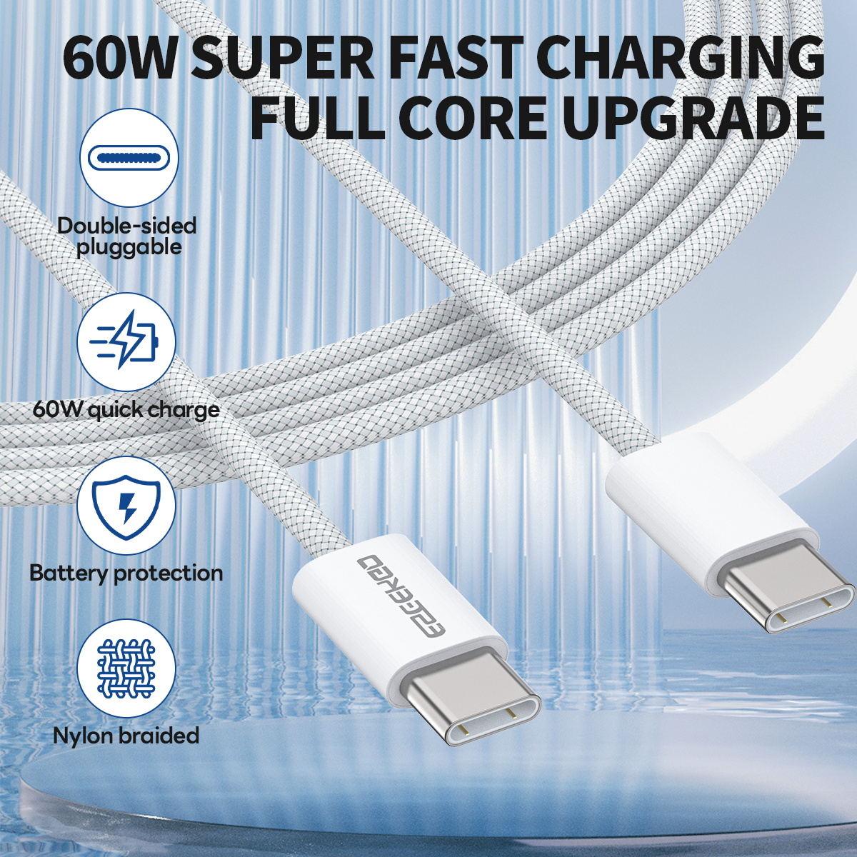 USA STOCK ESEEKGO G-111C Nylon C to C Cable Braided 60W 4FT Type-C to Type-C Data Cable G-111C With Retail Package ship in 2 days