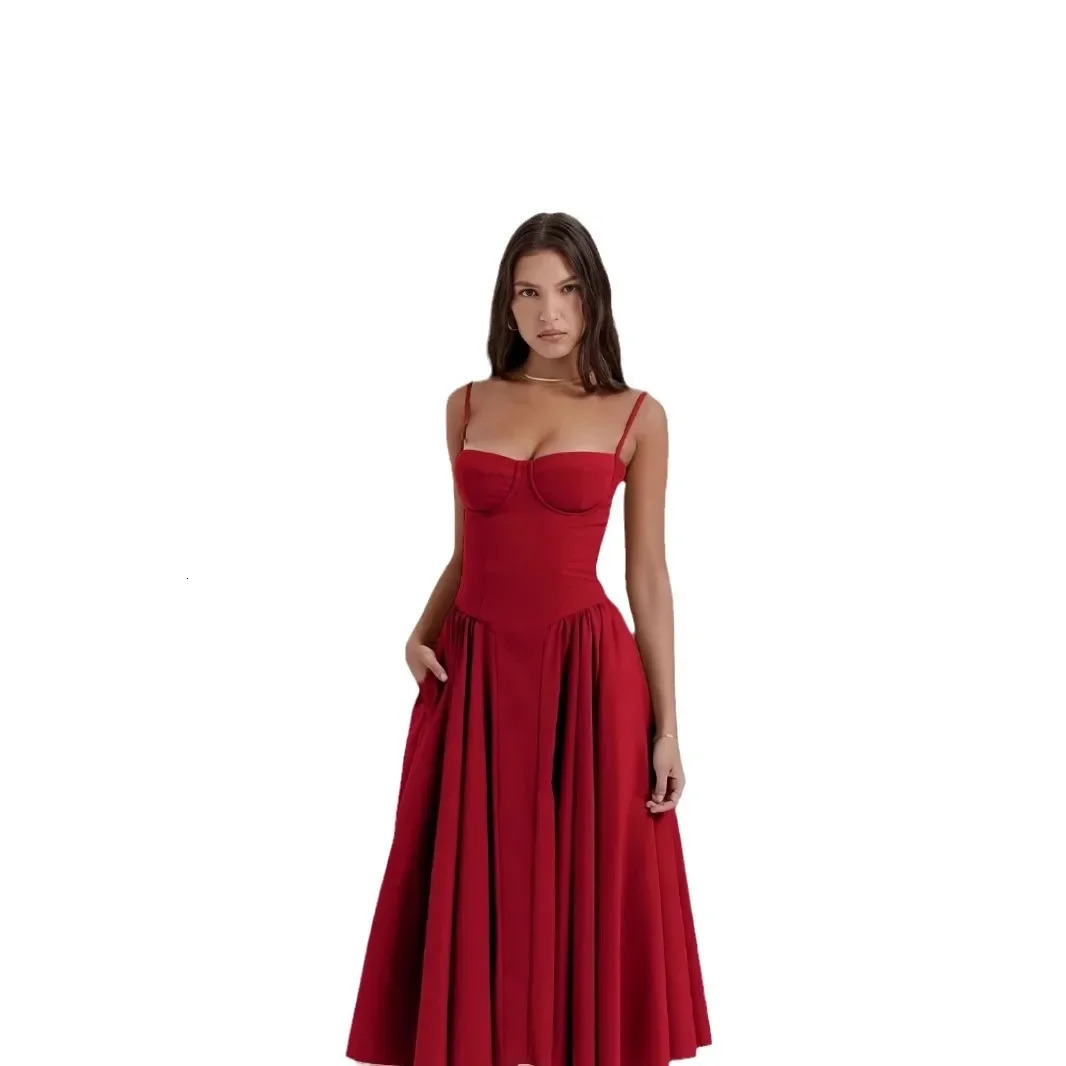 Elegant solid color strapless Midi dress for women summer and autumn style waist bag pocket knit retro long 250324