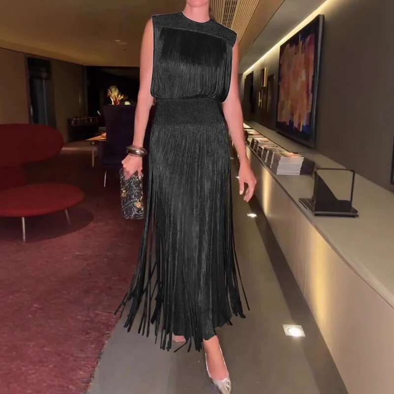 Elegant O Neck Tassel Slim Banquet New Sexy Hollow Sleeveless High Waist A-E Office Lady Casual Solid Party Dress
