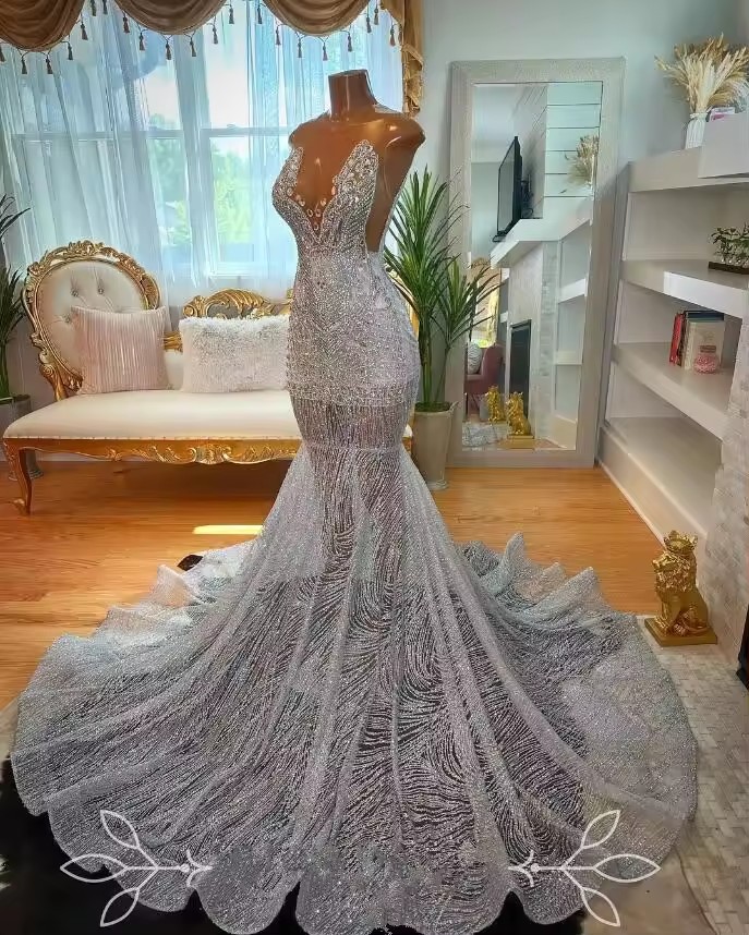 Sier African Prom Dress for Women customsized Sparkly Dia Crystal Gillter Black Girl Birthday Gown vestidos de gala