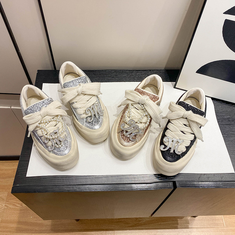 2025 new shiny diamond sequins thick sole dirty women's multifunctional designer fashionable white sports and leisure board shoes