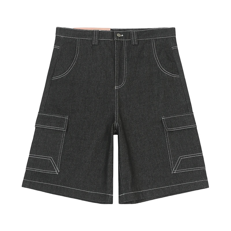 Hip Hop Summer Embroidered Flower Bag Over Knee Jeans Mens Retro Wide Leg Pocket Oversized Cowboy Five Point Pants 250312