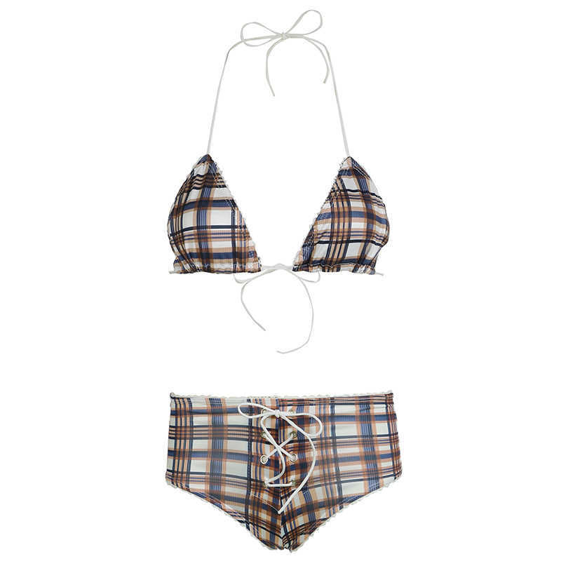 Summer sexy swimsuit bikini plaid print patchwork strap hanging neck bra triangular cup shorts set 250315
