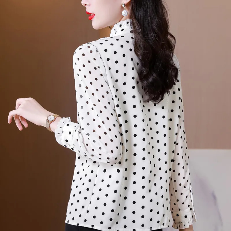 #2525 Polka Dot Printed Chiffon Shirt Women Ruffles Collar Office Shirt Long Sleeve Slim Spliced Ruffles Ladies Tops And Blouses 250318
