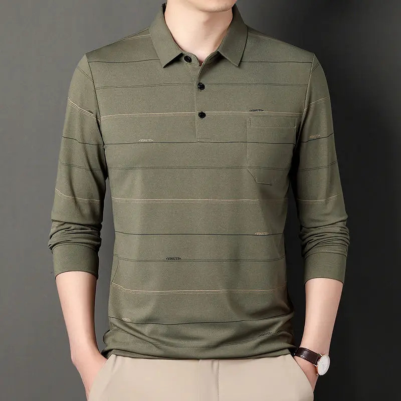 Mens Longsleeved Tshirt Lapel with Pocket Cotton Casual Autumn Clothes Base Shirt 250312