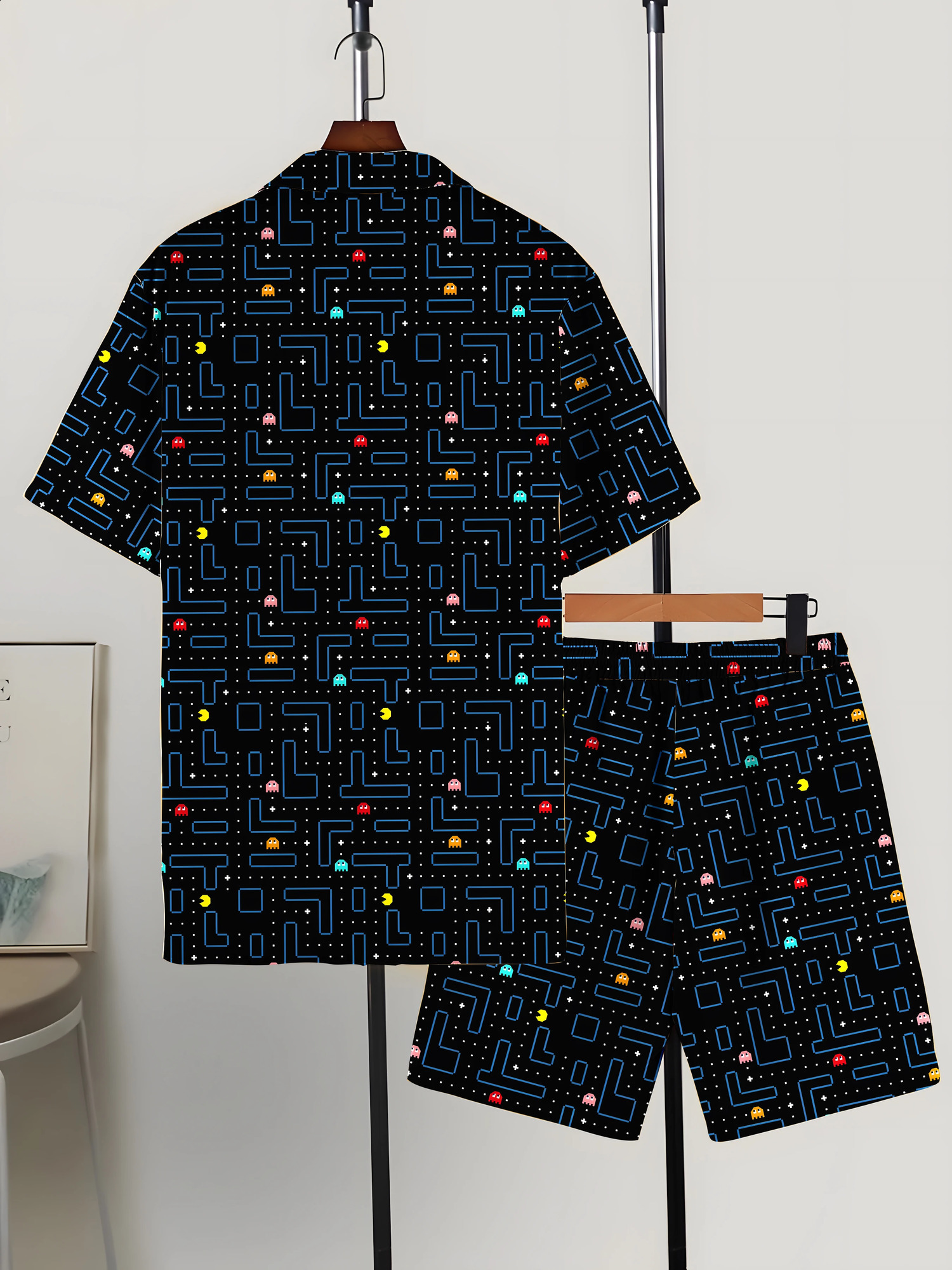 mens casual suit for summer Thin and skin friendly short sleeved shorts Game track pattern non fading clothes 250321