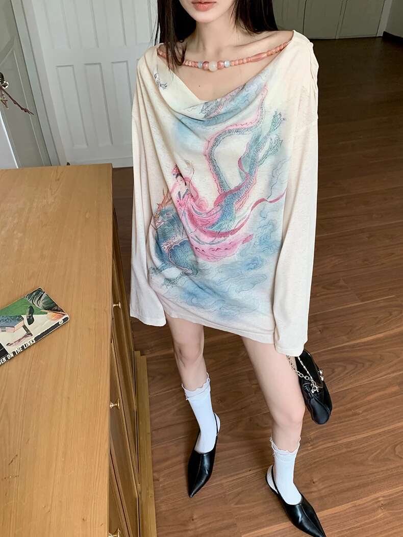 Illustration Designer Graphic T Shirts Cowls Long Sleeve Tees Knit Fashion Top Fall Clothes Women