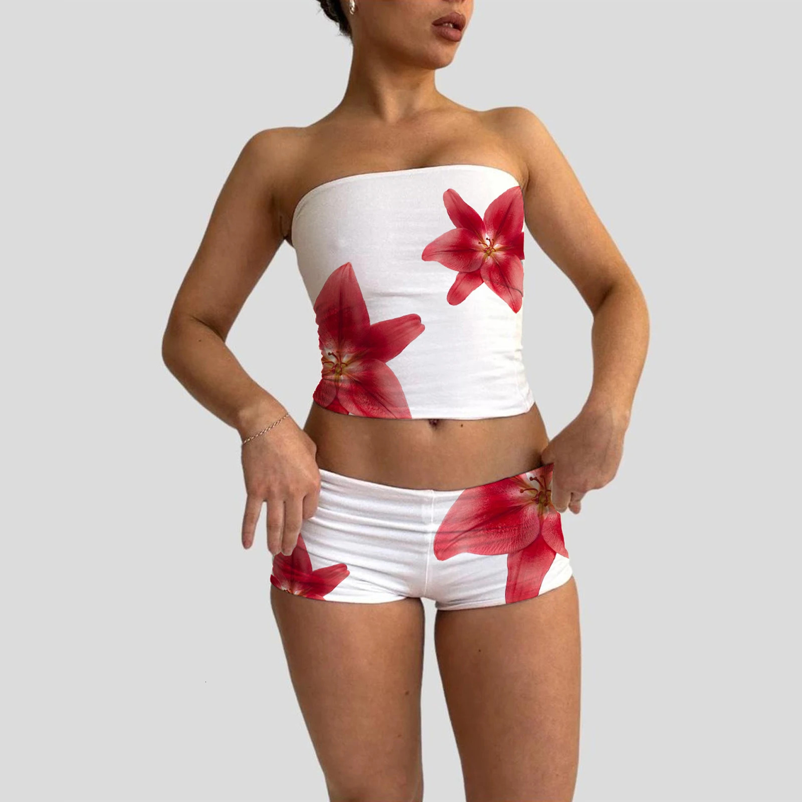 Combhasaki Womens Y2K 2Pieces Slim Fit Outfits Set Flower Print Strapless Tube Tops Elastic Low Waist Shorts Loungewear Suits 250318