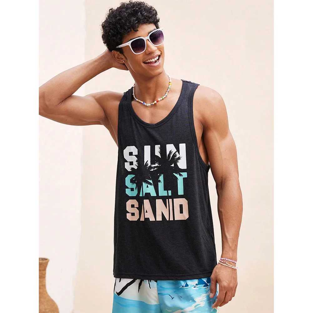 Interesting Coconut Tree Printed Mens Tank Top Hawaii Beach Vacation Mens Sleeveless Summer Fashion Breathable Loose Tank Top X250324