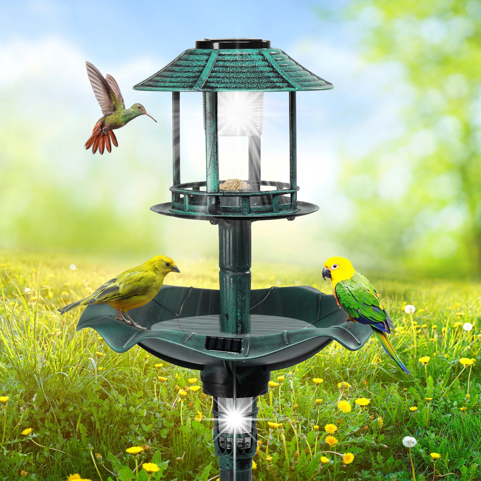 Outdoor solar light base bird bath resin fountain decoration with plants and feeder 250320