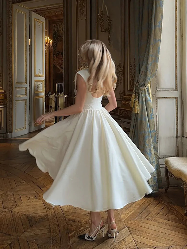 Fashion Backless O-neck A-line Dress For Women Elegant Short Sleeve High Waist Maxi Dresses 2025 Street Vocation Robes 250324