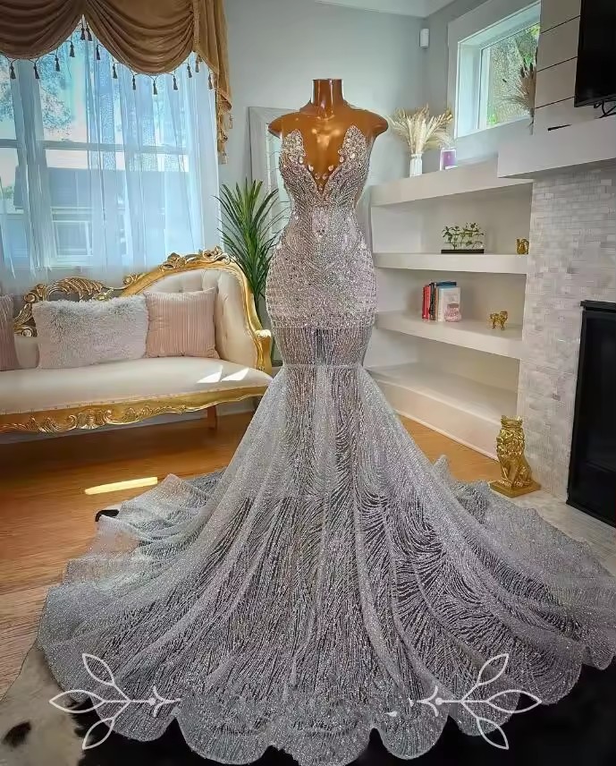 Sier African Prom Dress for Women customsized Sparkly Dia Crystal Gillter Black Girl Birthday Gown vestidos de gala