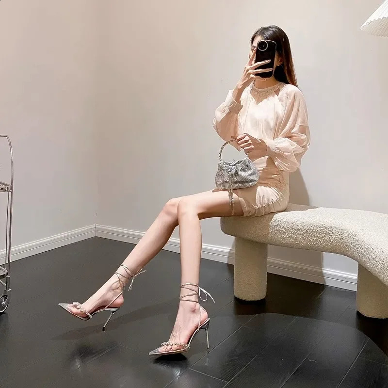 womens Rhinestone decorative lace-up transparent high heels sandals sexy fashion show style elegant shoes 250322