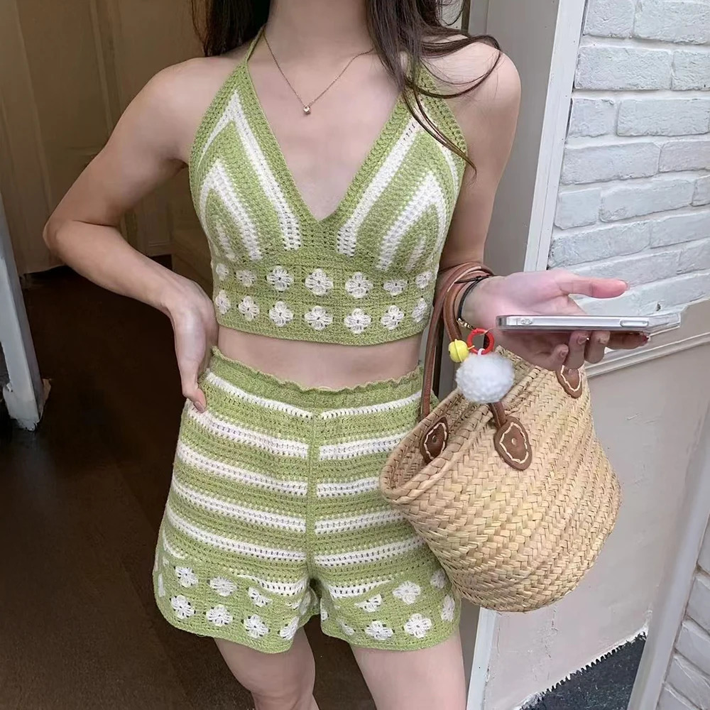 Cute Crochet Knit Two Piece Sets Women Summer Vacation Backless Camisole Top Elastic Waist Shorts Beach Club Co-ord Set Outfit 250322