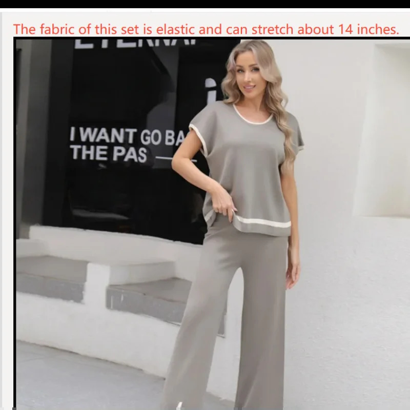 Womens Outfit Casual Chic Ladys Wide Leg Pant Set O-Neck Short Sleeve Top Loose Knitted Sweater Matching Pullover Trousers 250324