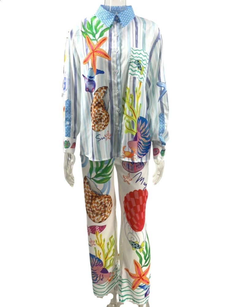 Bohemia Fruit Print Satin Loose Pants Sets Women Causal Long Sleeve Shirts Two Piece Sets Fmeale Summer Outfits Streetwear 250324