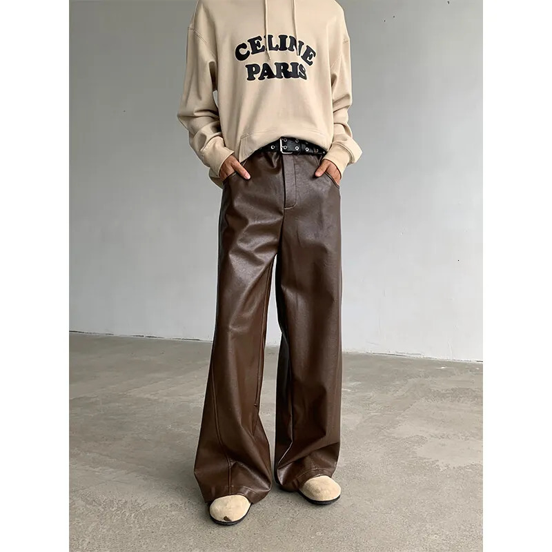 PU Leather Pants Men Straight 2025 Spring Mens Punk Fashion Hip Wideleg Mopping Trousers Windproof Dark BrownBlack 250318