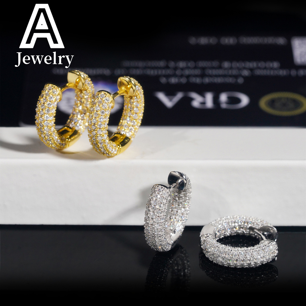Fine jewelry Moissanite Diamond Earrings 925 Silver Jewelry Trendy Hip Hop Hoop Ear rings 3 Rows Diamonds For Men Women