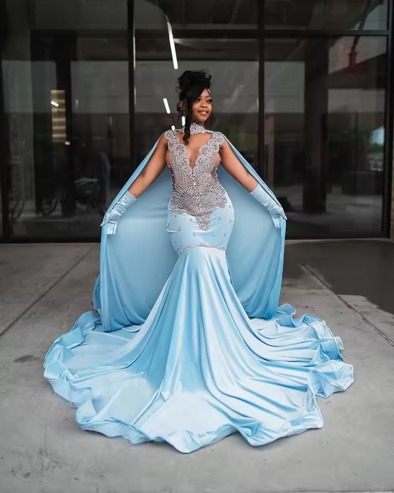 Customized Mermaid Prom Dress Black Girls Sier Dia Crystal Beaded Cape African Birthday Party Gowns