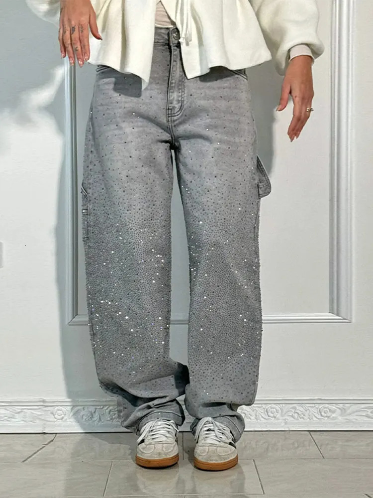 Fashion rhinestone denim pants for women solid high waisted zipper button loose jeans street straight Trousers 250324