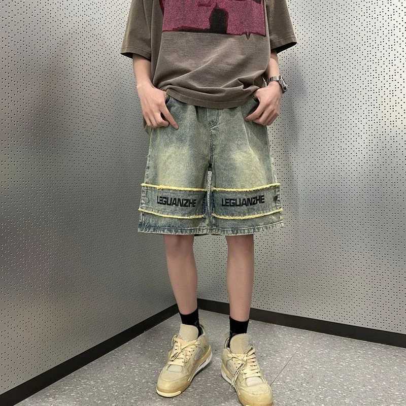 Mens Denim Shorts Half Graphic Long Mens Short Jeans Pants with Text Bermuda Cut Vintage Buttons Streetwear New in Cowboy Xxxl T250603