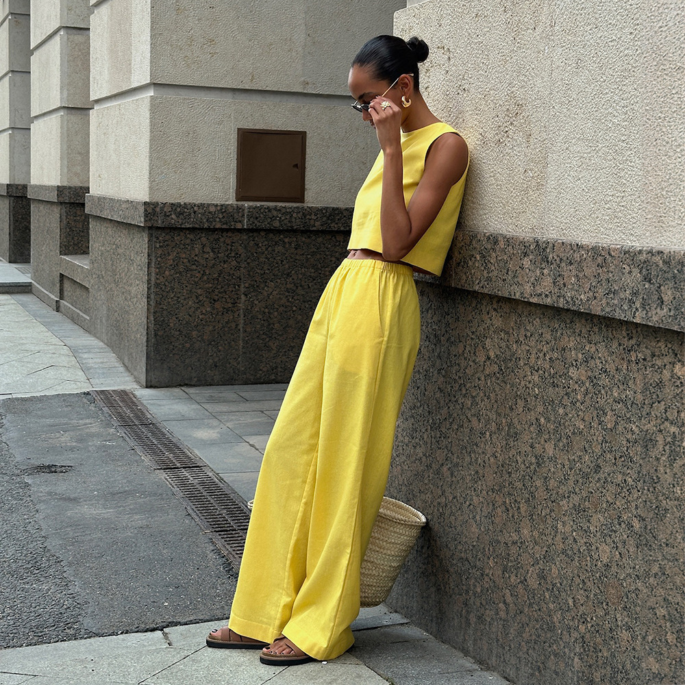 Cotton and linen spring/summer 2025 new sleeveless short top+wide leg pants set for women