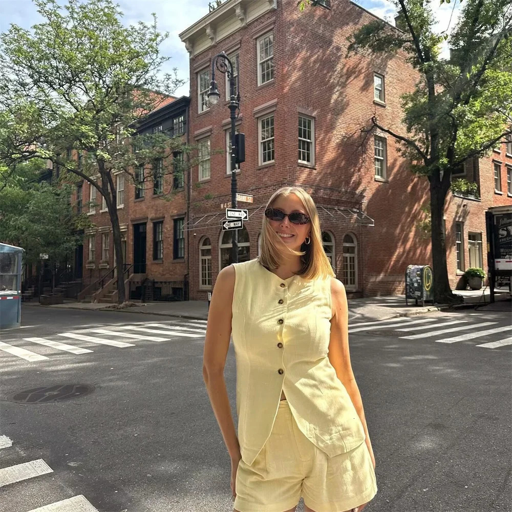 Zach Ailsa 2024 Summer Product Womens Style Round Neck Sleeveless Single breasted Tank Top High Waist Shorts Fashion Set 250322