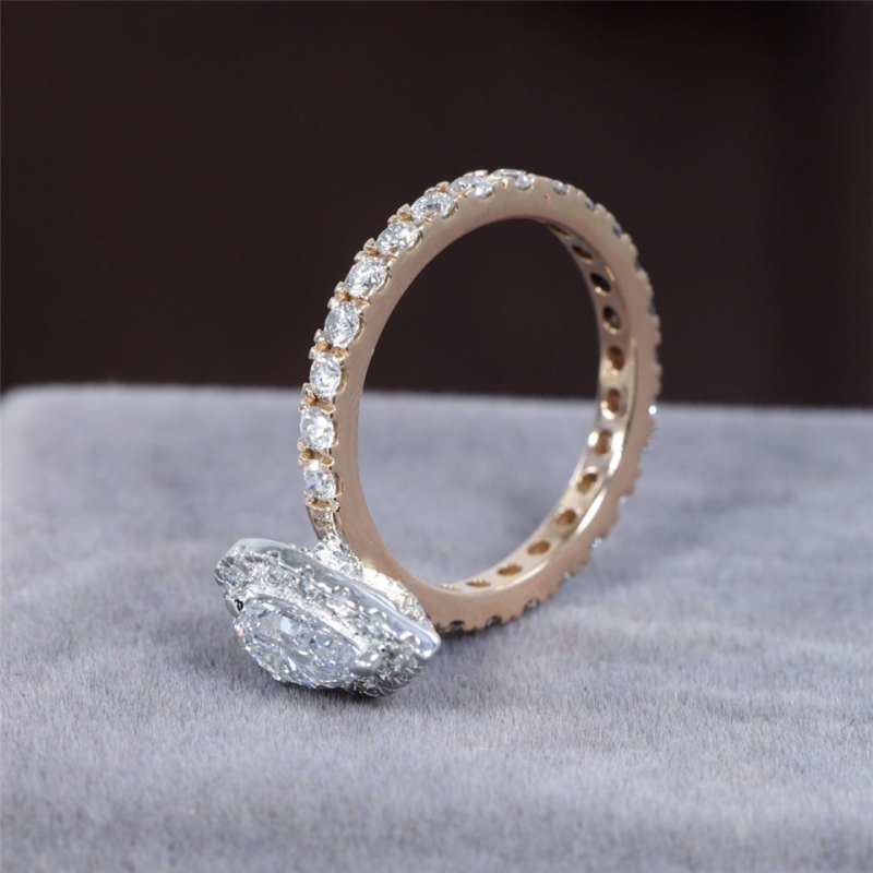 Jewelry 0.70 Carat Pear Cut Lab Diamond Halo Two Tones Fashion Style Engagement Solid Gold Ring For Women 18K 14K Real Gold