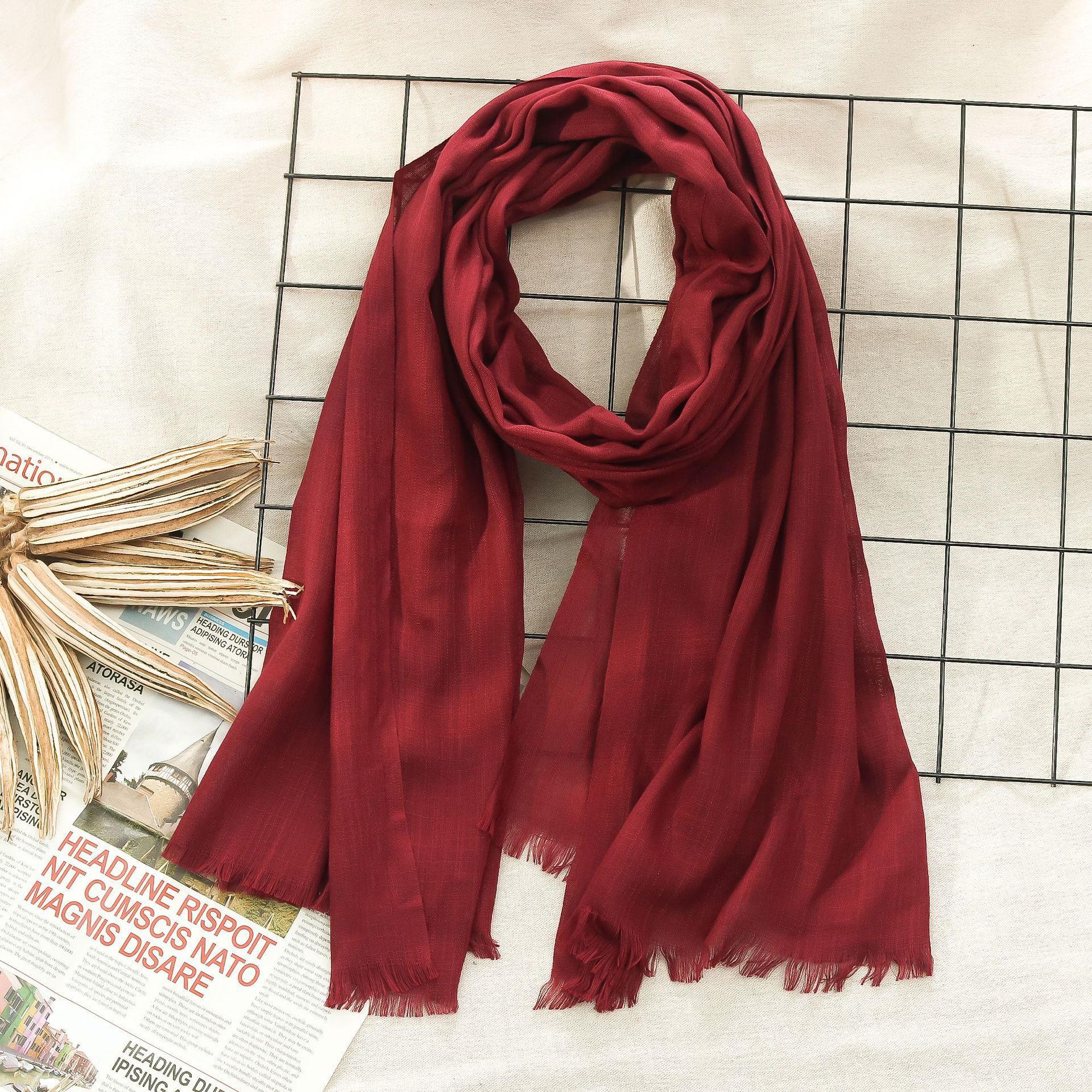 K218 Factory direct sale solid color bamboo cotton scarf new autumn and winter style two ends with tassels solid color medium long scarf for women